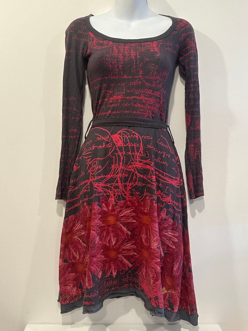 Desigual Vintage Y2K Red Floral Script Graphic Long Sleeve Midi Dress Small